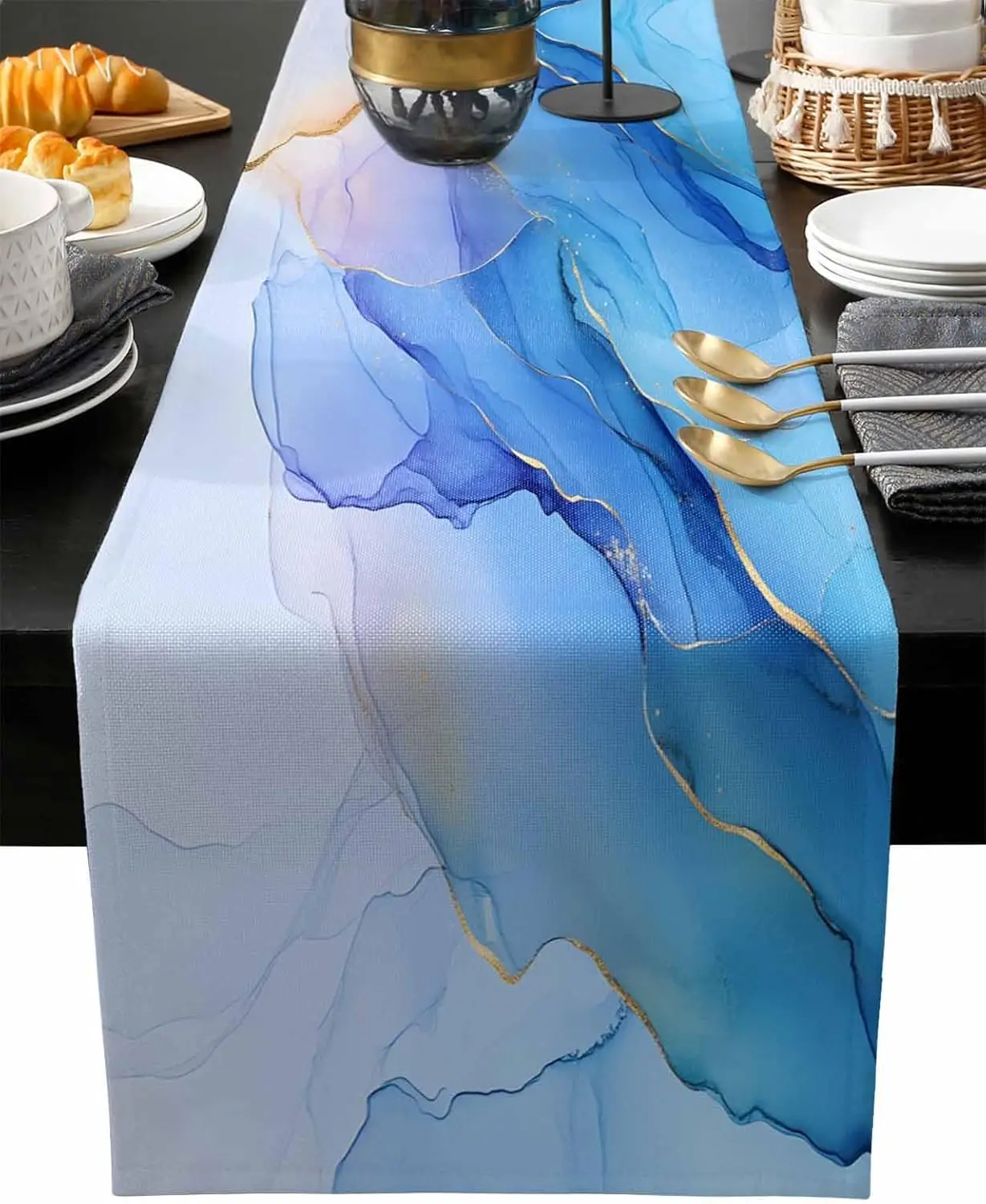 Blue Marble Linen Table Runner Home Decorations Aesthetics Ombre Pink Luxury Gold Table Runners Kitchen Dining Table Party Decor