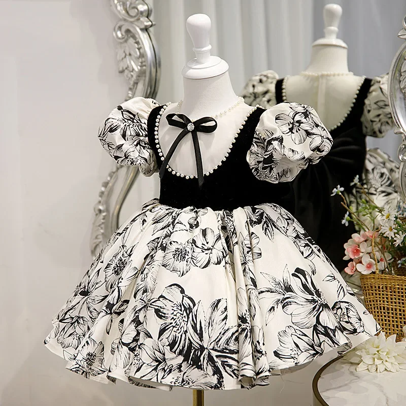 Vestidos personalizados con cuello redondo estilo palaciego con cordones y lazo para niñas, vestido de baile con estampado de flores y cuello redondo, Vestidos de fiesta de cumpleaños para niños Pri