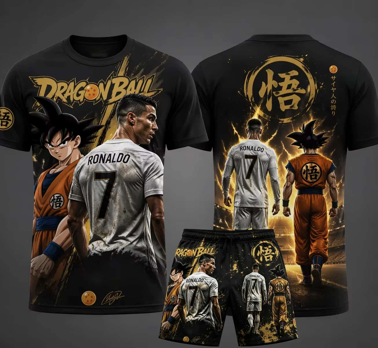 Nouvel ensemble d'été Dragon Ball/Ronaldo pour enfants/adultes, grande taille, t-shirt et short de sport à manches courtes, séchage rapide