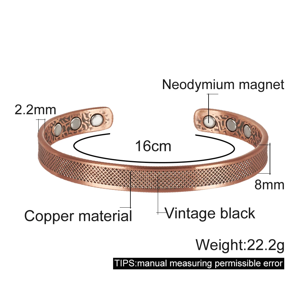 Vinterly Pure Copper Bracelets Magnetic Therapy 8mm Wide Open Cuff Adjustable High Magnet Health Energy Bangle Resizable Jewelry