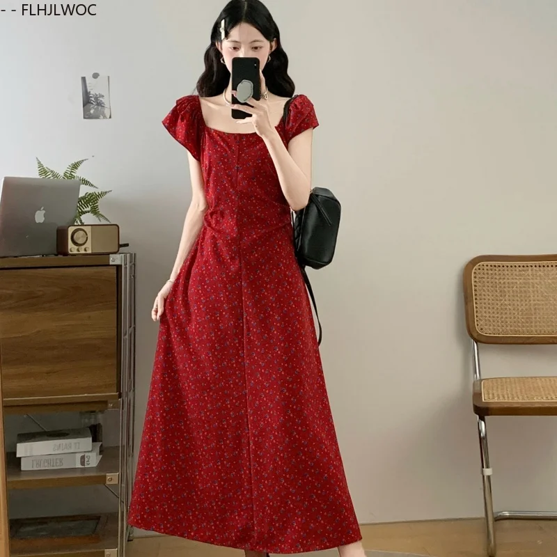 Shirring Slim Waist A Line Long Dresses New Fashion Women Short Sleeve Holiday Date Japan Girls Floral Print Retro Vintage Dress