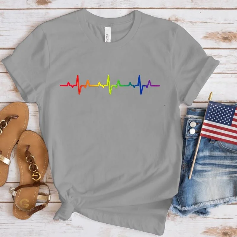 New LGBT Heartbeat Printing T-Shirt Fashion Women Men Short Sleeve Summer Cool Hip Hop Top Tee