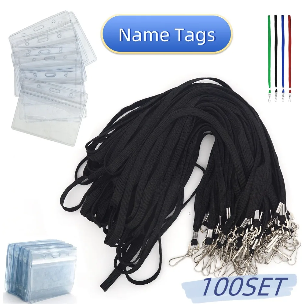 

Name Tags Lanyard Badge Holder Set of 100 Woven Round Lanyard & Horizontal Sealable Waterproof Clear Plastic ID Card Name