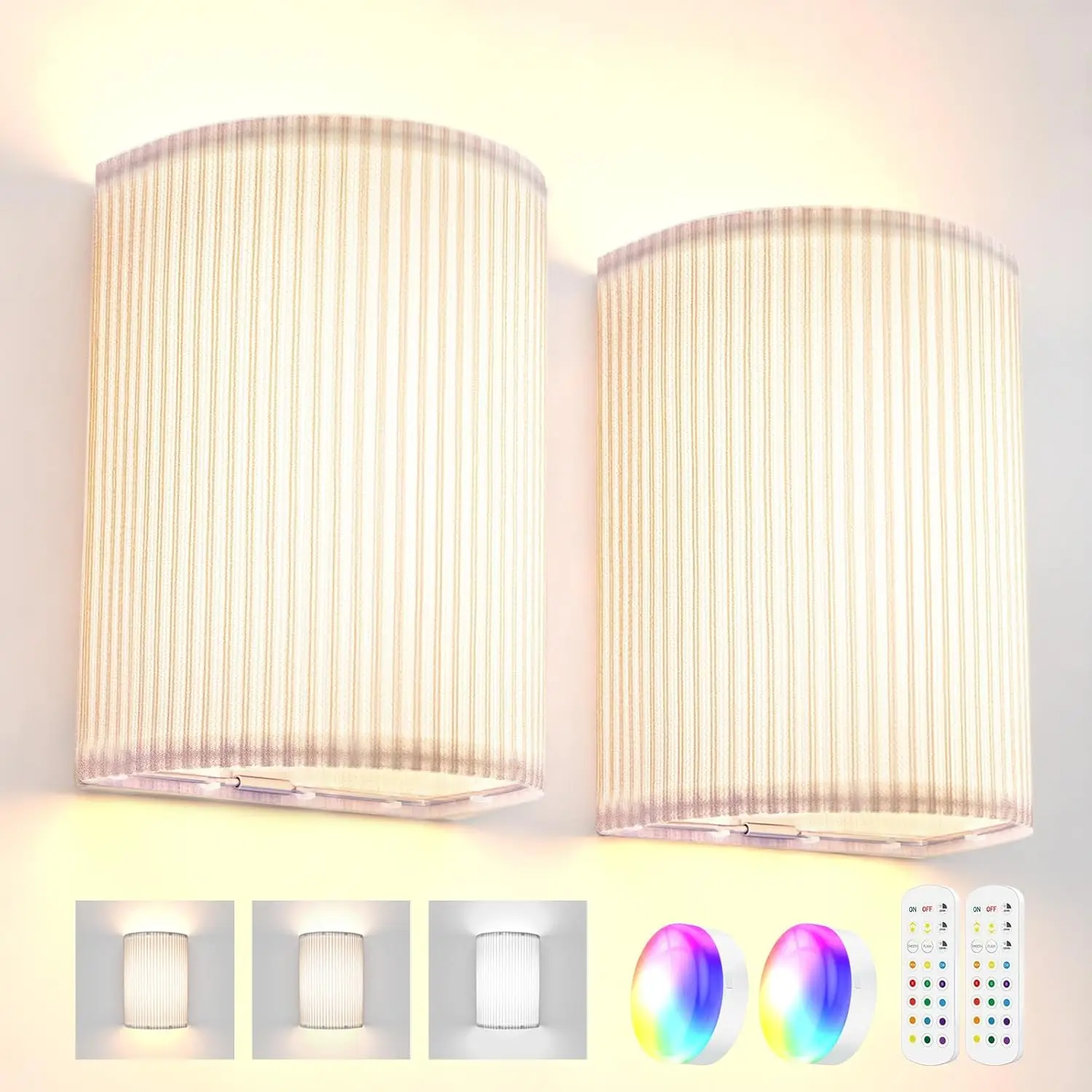 Battery Operated Wall Sconces Set of Two, 3000mAh Battery Rechargeable RGB 3 Colors Temperature Dimmable Wall Lights Fixtures