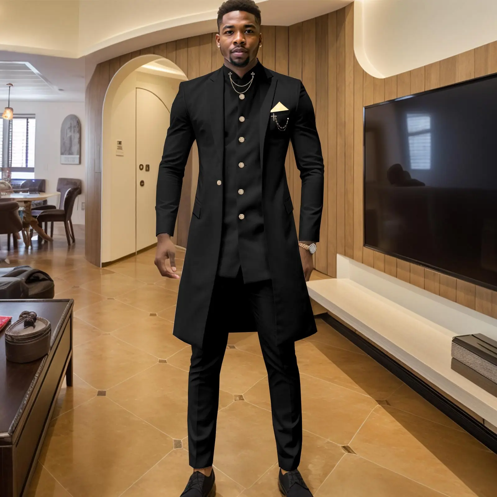 DBQ Men`s Suit Slim Fit Single Breasted Chain Blazer Jacket Trousers 3 Pieces Linen Wedding Suit African Clothes A2416014D