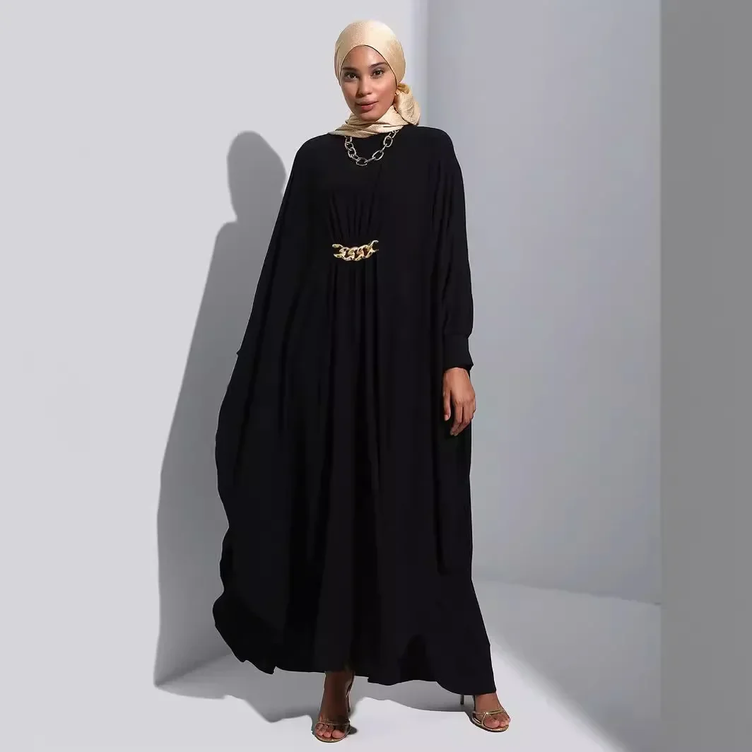 Gold Chain Dress for Women Fashion Muslim Abaya Casual Batwing Sleeve Loose Long Dress Solid Party Holiday Slamic Clothing Robe