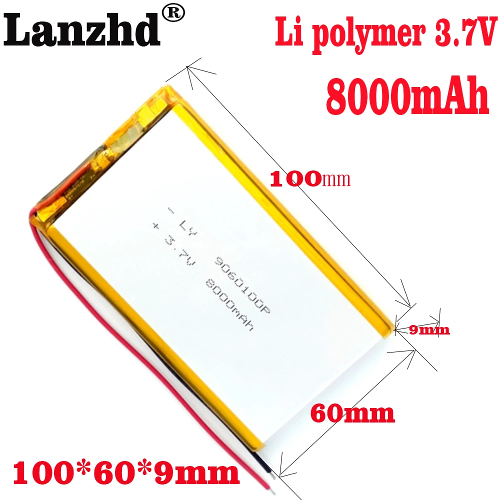 1-12PCS Li polymer 3.7V 8000mAH 9060100 Polymer lithium ion Li-ion batteries for tablet pc BANK GPS mp3 mp4 speakers