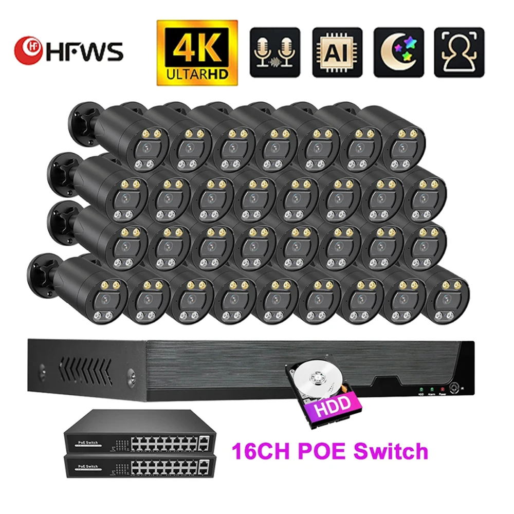 

HFWVISION Ultra HD 8MP Poe CCTV 4K 32-канальный NVR Защищенный полноцветный электронный инвентарь ночного видения CCTV