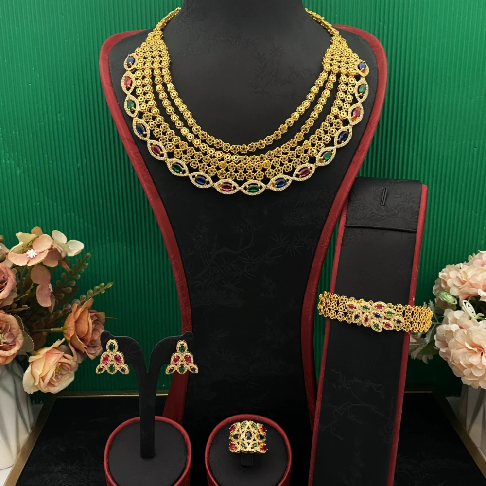 

JRH Gold-Plated Copper Jewelry Set for Women Cubic Zirconia Earrings Bracelet Necklace Ring Accessories for Middle East Festival
