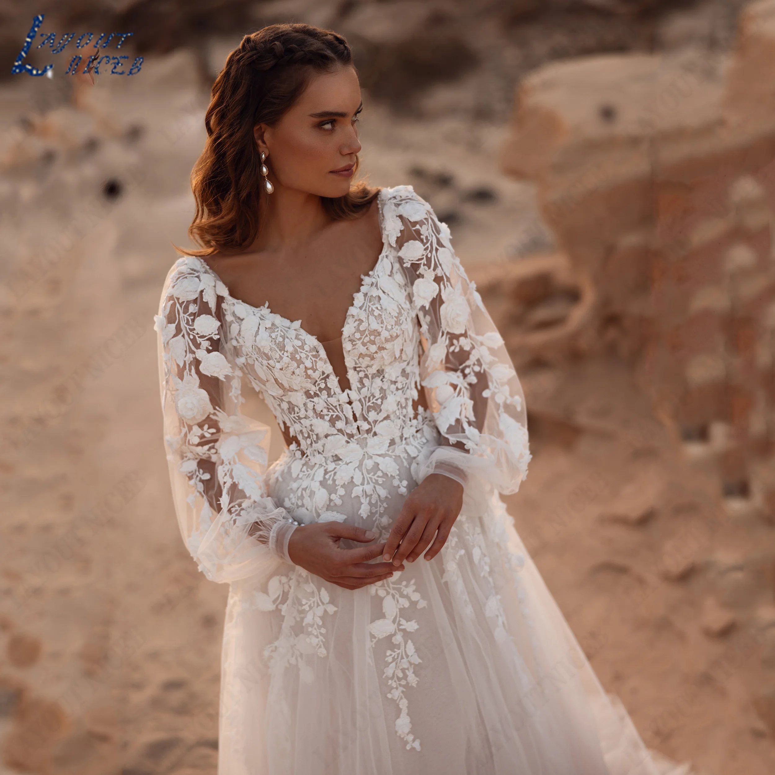 LAYOUT NICEB Customized Long Puff Sleeve 3D Floral Lace Flowy Tulle Wedding Dress Deep V Neck A Line Train Romantic Bridal Gown