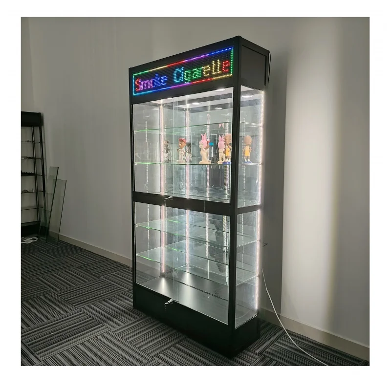 Custom. LED screen smoke shop wall showcase lockable mirror backing smoke store display with LED light