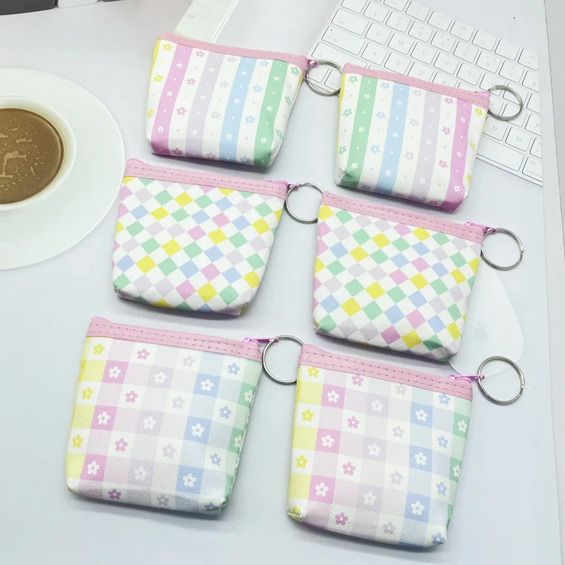 24pcs Coin Purses Women PU Floral Printing Light Protable Ear Line Short Storage Bag
