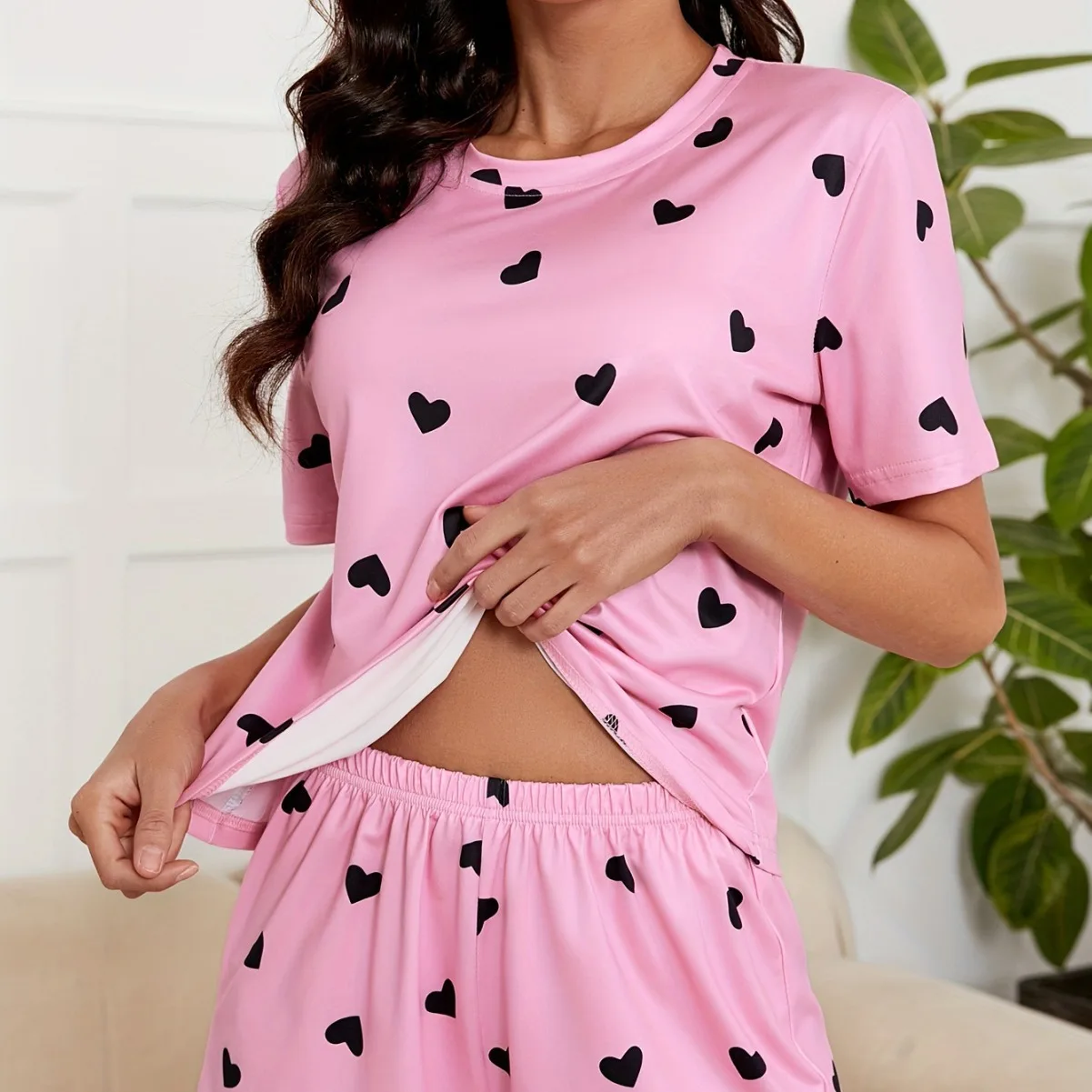 Women's Love Printed Short sleeved Top, Shorts, Pajama Set, Comfortable, Breathable, Quick drying Women's Pajamas