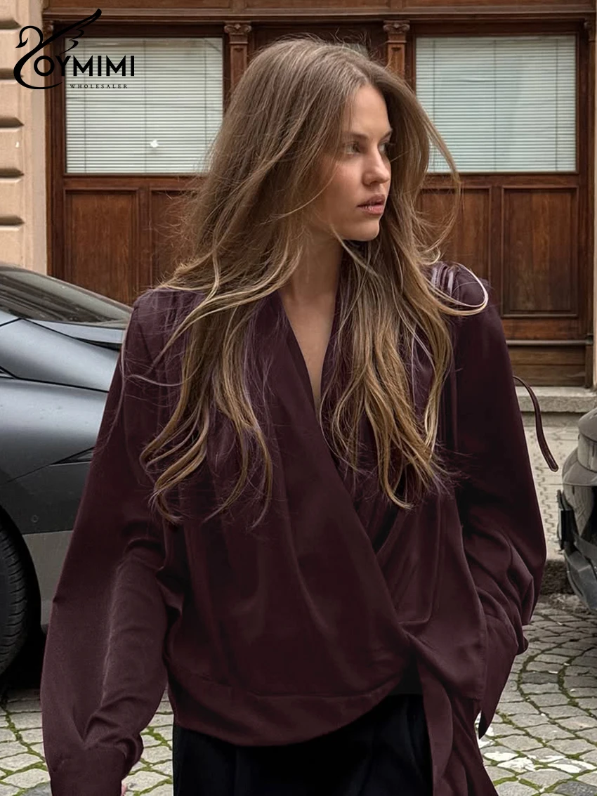 

Модная свободная женская блузка Oymimi винного цвета, весенняя, с V-образным вырезом, длинным рукавом, элегантная классическая блузка на шнуровке, женская одежда