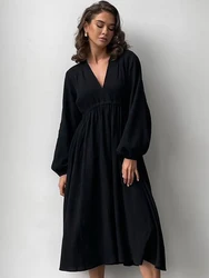 Linad Loose Night Dress Women Cotton Long Sleeve V Neck Sleepwear Solid Woman Dresses Autumn Female Nightwear Casual Pajamas