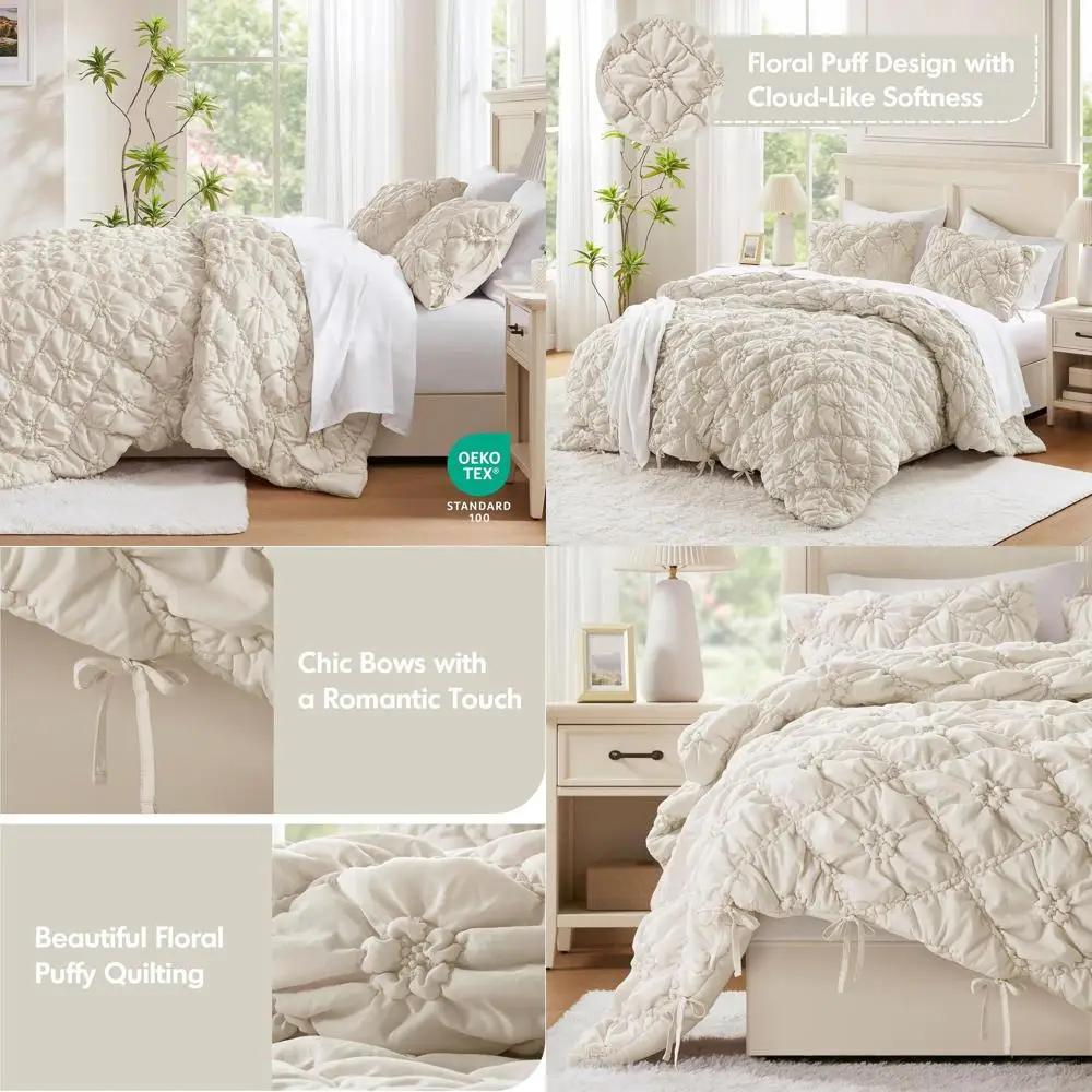 

Ivory Lily Puffy Floral Boho Comforter Set, Shabby Chic Style, Ultra-Soft Lightweight All-Season, Full/Queen Size