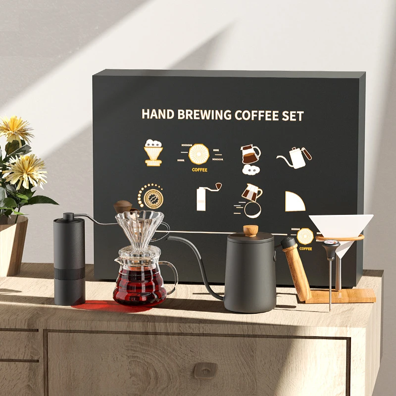 Drip Coffee Gift Box Sets 7 PCS Manual Coffee Grinder+Dripper+Filter Paper+Brush+Thermometer+Pot+Kettle