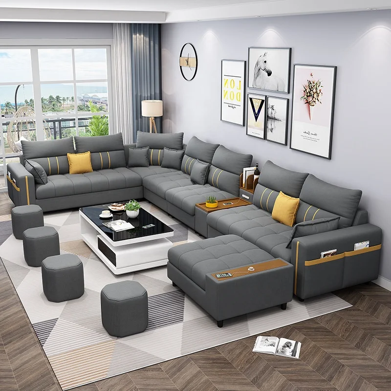 Modern Living Room Furniture Assembly L-shaped Leather Sofa with USB Port Bluetooth Sound Corner Sofa Set