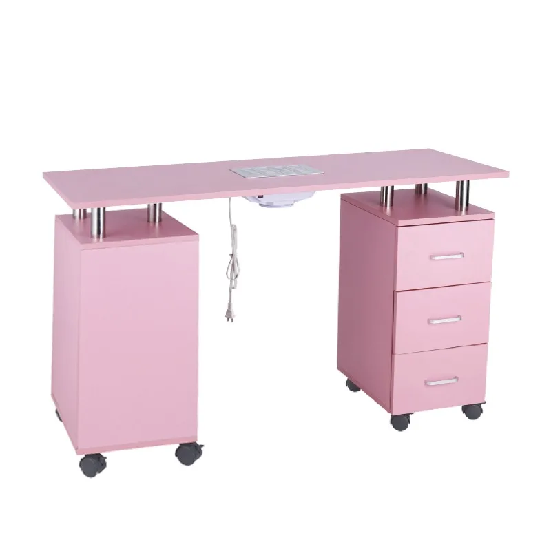 Pink manicure table with manicure vacuum cleaner, multi-layer drawer storage, removable manicure table