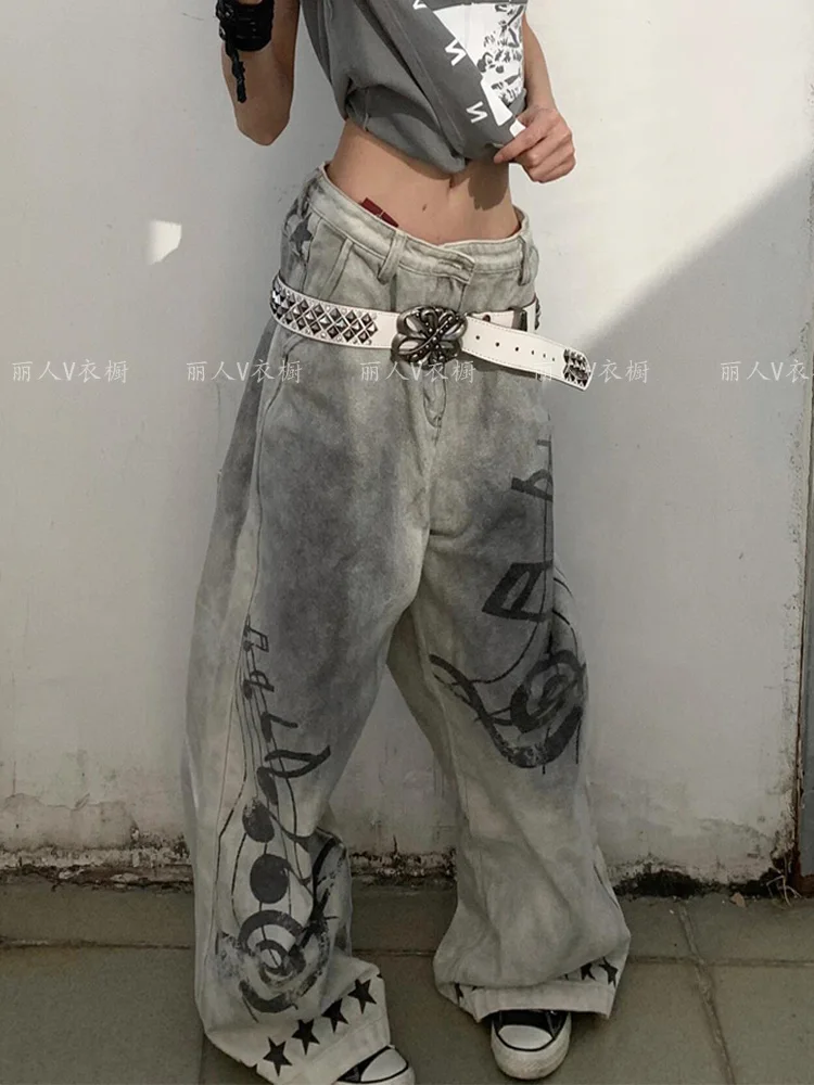 

Grey Jeans Women Vintage High Waisted Cargo Straight Summer NEW Casual Big Size Wide Leg Denim Baggy Pants Y2K Female Trousers