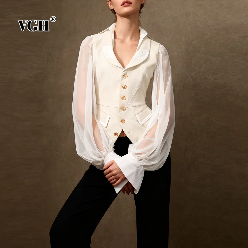 

VGH Solid Prom Fashionable Jackets for Women Lapel Neck Spliced Sheer Mesh Lantern Sleeves Slimming Jacket Female Clothing New