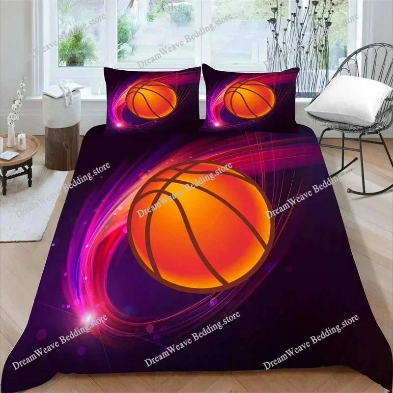 3D Basketball Duvet Cover Set Polyester Hand Catching Fire Basketball Sports Themed Bedding Set Queen Size Soft Quilt Cover