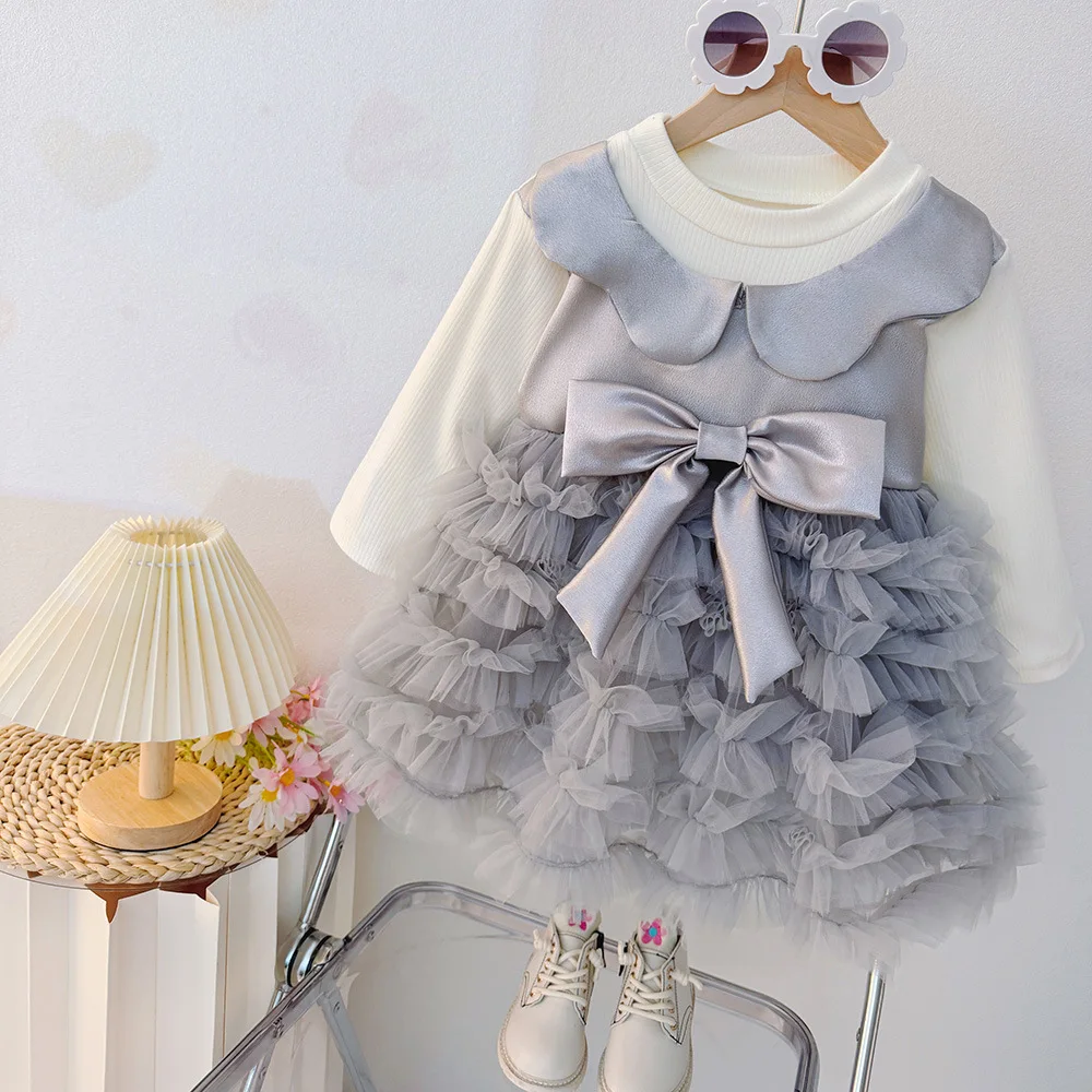 

Autumn New Sweet Bow Baby Girl Dress, New Year Party Children'S Long Sleeved Clothes (9 Months -3 Years Old)