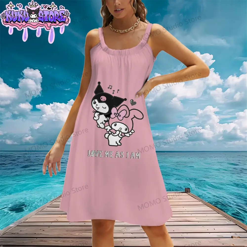 Women's Beach Dress Kuromi Sling Female Clothing Street Wear Y2k Evening Dresses Cool Summer Kawaii Fashion S-3XL Lovely Leisure