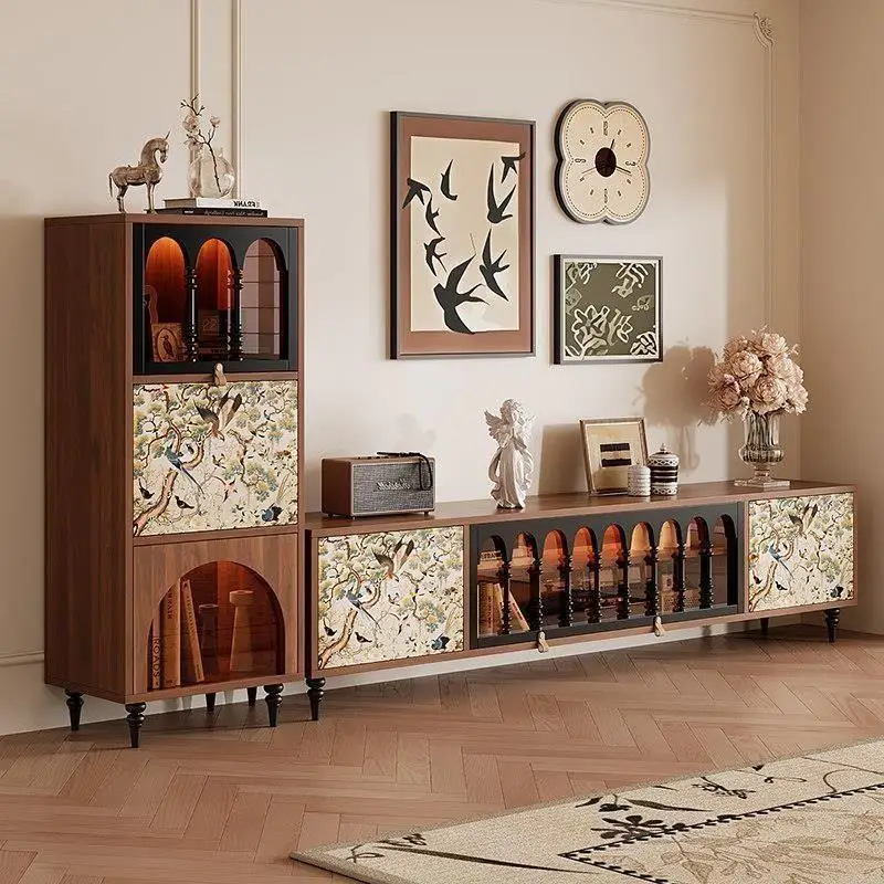French TV cabinet coffee table combination household living room antique storage sidecabinet solid wood retro TVcabinet cabine