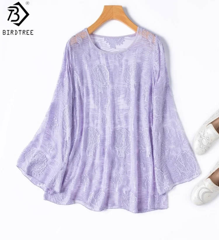 

Birdtree 100% Silk Purple Shirt,Women Embroidery V-neck Sun-Protective Semi Perspective Blouse Tops,2025 New T57504JF