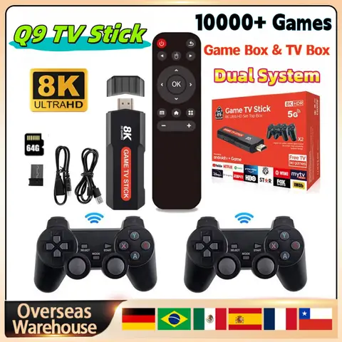 Q9 TV Stick Video Game Consoles TV Box Game Box Dual System Game Stick Console 64GB Wireless Controller Android10 USB For Gifts
