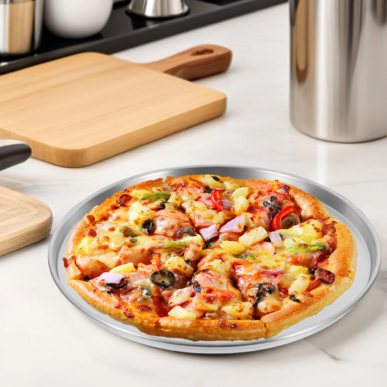 Bandeja redonda para hornear Pizza de acero inoxidable de 26Cm para horno, plato de Metal antiadherente para servir aperitivos, utensilios de cocina para asar al vapor