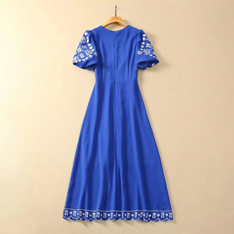 Top Quality New 2024 Spring Summer Dress Women V-Neck Lurex Embroidery Short Sleeve Mid-Calf Length Royal Blue Black Dress XXL