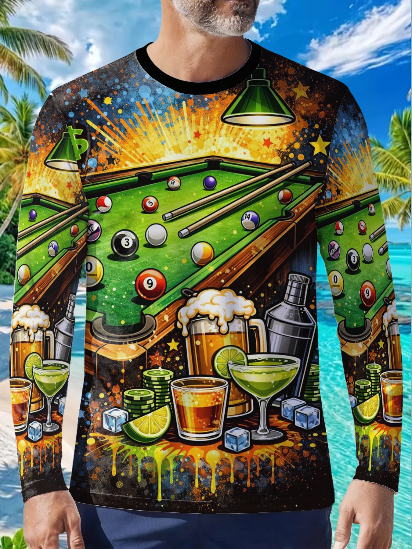 Casual Game Night Billiards Drink Mens Polyester Long Sleeve T Shirt Pool Table Beer Cocktail Print Graphic Tee Vintage Streetwe