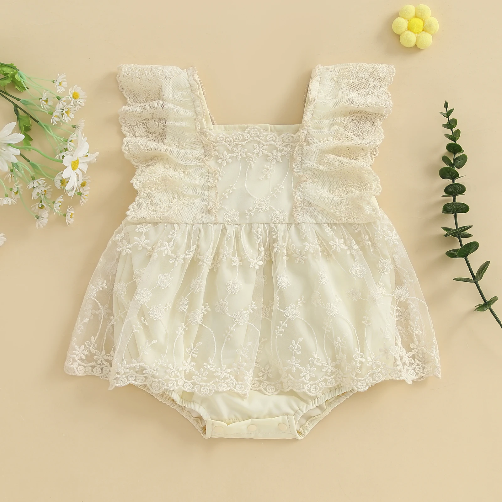 

SUNSIOM 0-24 Months Baby Girls Summer Romper Dress Infant White Flying Sleeve Floral Embroidery Rompers
