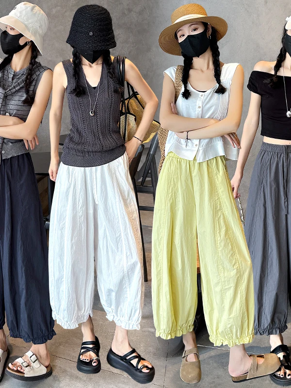 

plus Size Women's Faionable Casual Wide Leg Pants Pine Pants High Waist Elastic Waist Loose Small Size Nine Points