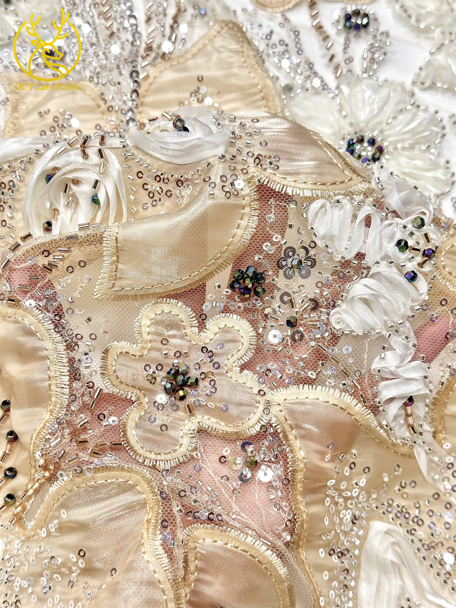 3D-Blumen-Tüll, afrikanischer Spitzenstoff, eleganter französischer nigerianischer Perlen-Pailletten-Mesh-Spitzenstoff für Damen, Hochzeitskleid-Design-Stoff – Detail 8