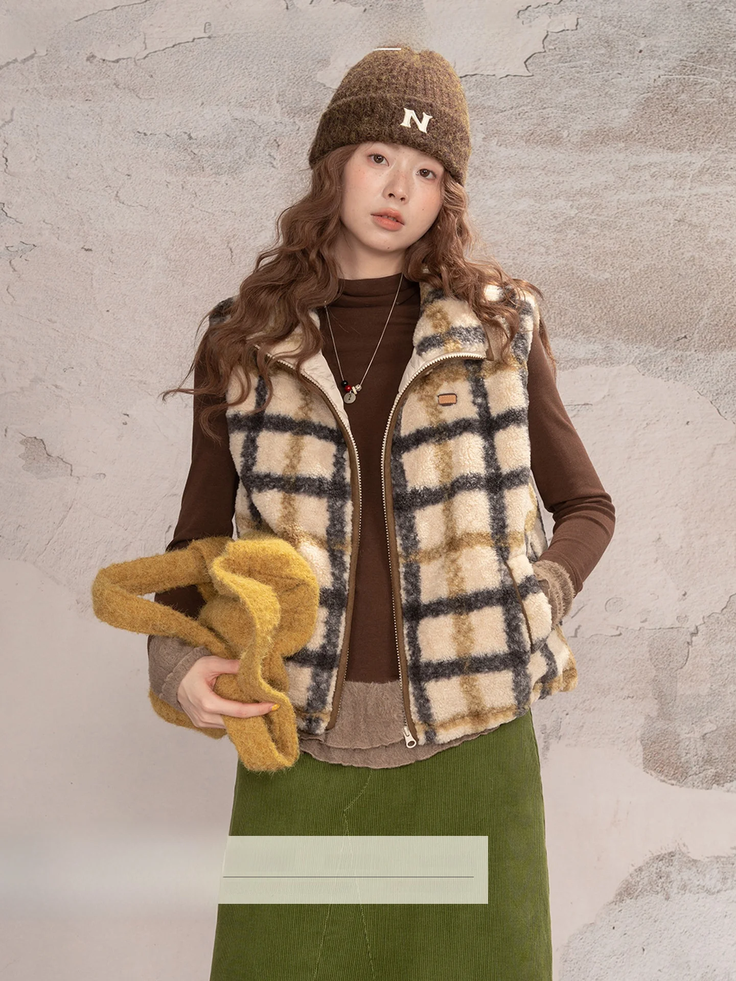 

Loveheynew Vintage Plaid Stand Collar Vest Women's Loose Svel Top Outerwear Winter New Sle Simple Design Polyester