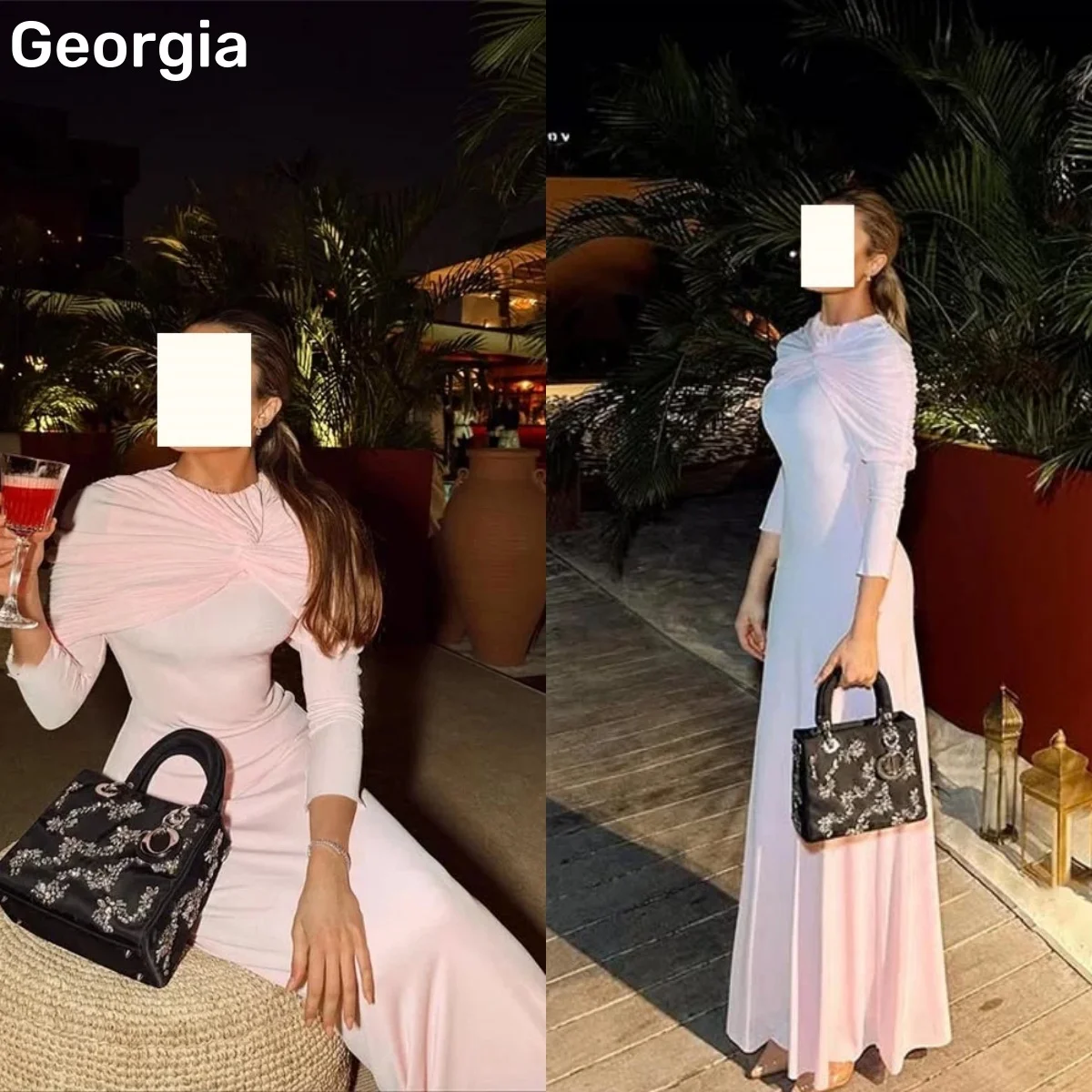 A-Line Customized Scoop Neckline Floor-Length Luxury Evening Dresses Ruffle Zipper Up Wedding Party Dress Long Sleeves Vestidos