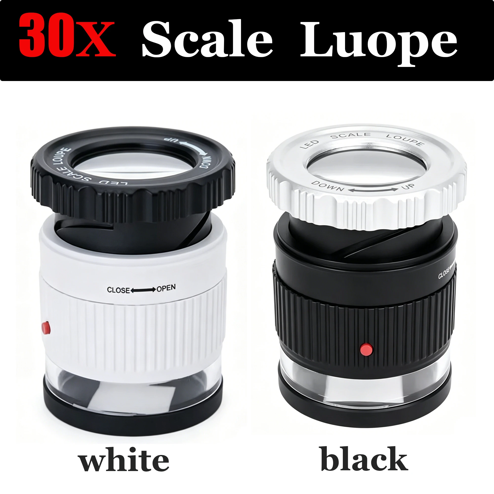 30X Handheld Magnifying Glass with Scale LED UV Light Magnifier Cylindrical Adjustable Focal HD Loupe Jewelry Magnifier Lupa