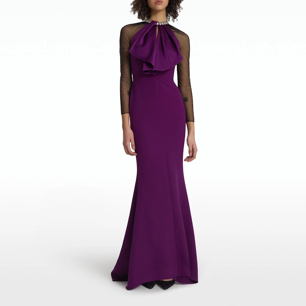 Muloong Currant Purple Floor Length Gown with Fishtail Dress Crystal Pleated Draped Neck Contrast Sleeve Luxury Evening Dress