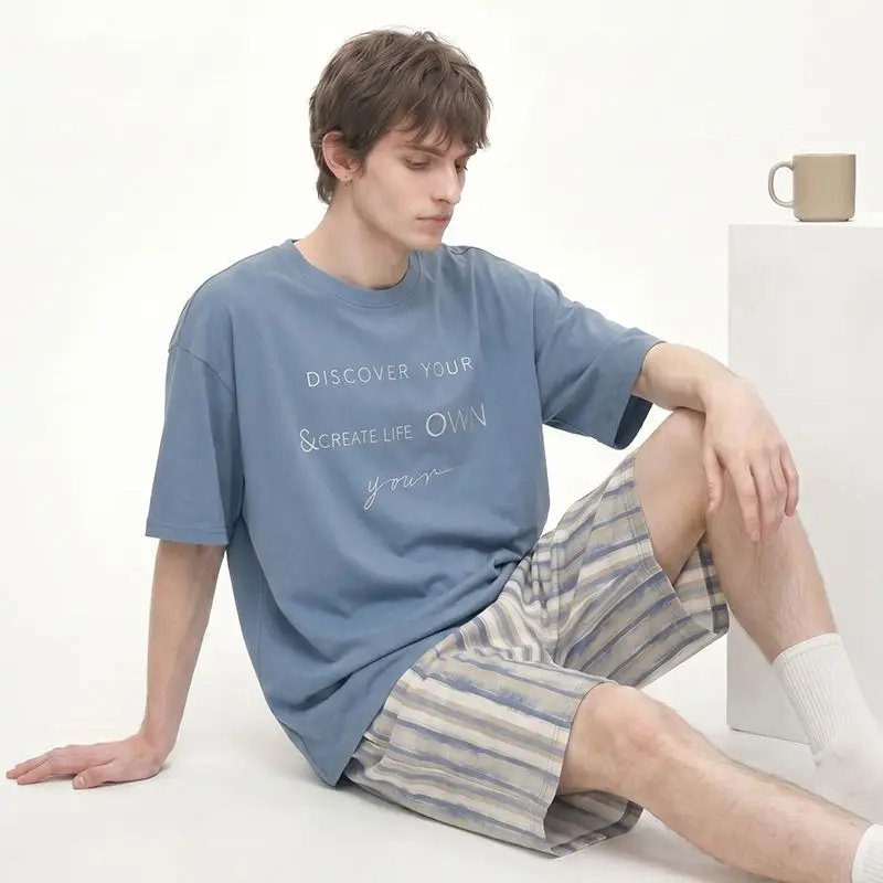 2026 Summer Short Sleeve 100% Cotton Pajama Sets for Men Korean Loose Sleepwear Pyjama Male Homewear  Loungewear Home Clothes