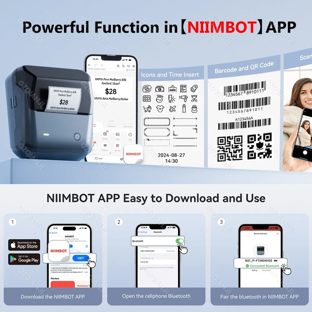 NIIMBOT B31 Thermal Label Printer Print Width Max 80mm/s Wireless Barcode Sticker Maker Pocket Label Maker for Clothing Jewelry