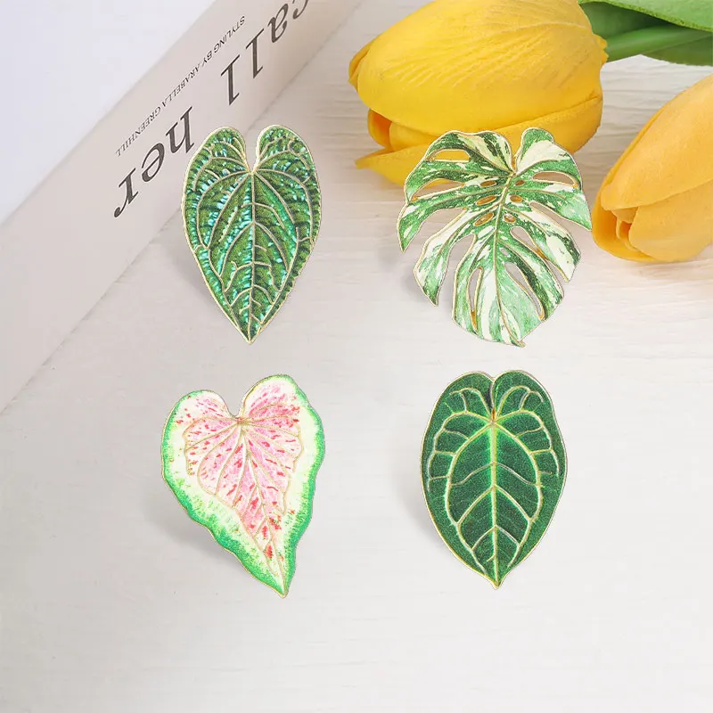 Tropische Pflanzenblatt-Emaille-Abzeichen, grünes Caladium, Monstera, Reversnadel, Natur-Metallbroschen, Schmuck, Geschenke – Detail 6