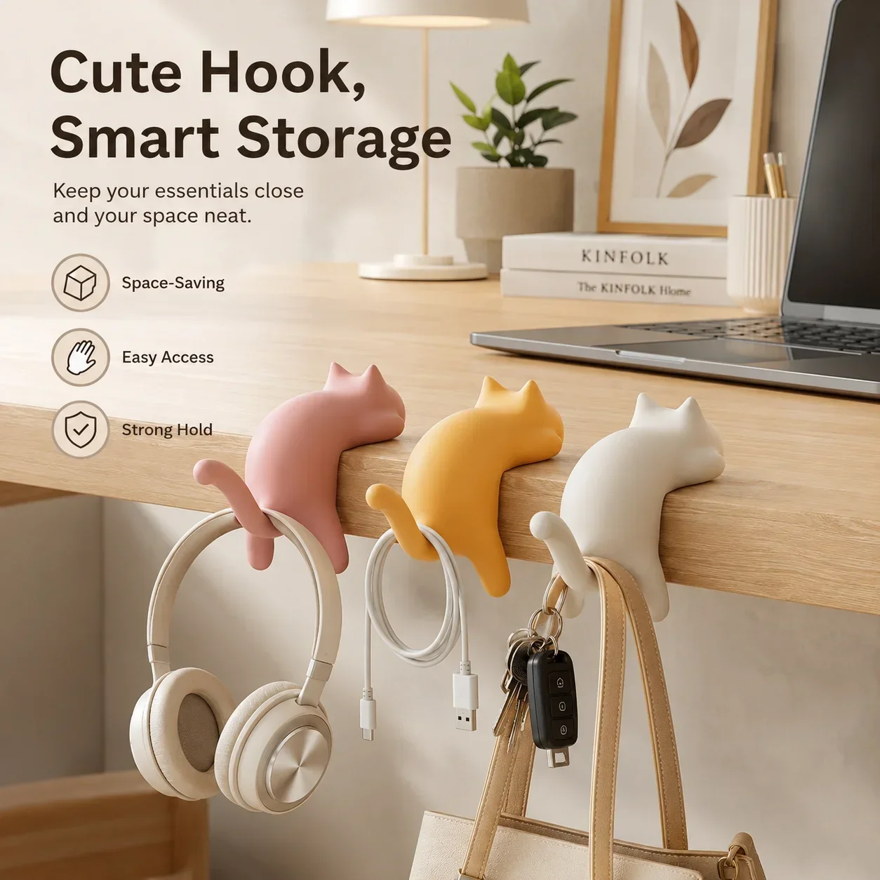 Cat Paw Desk Hook, Clip-on Table Edge Organizer for Backpack and Headphones, Non-Slip Silicone Pad