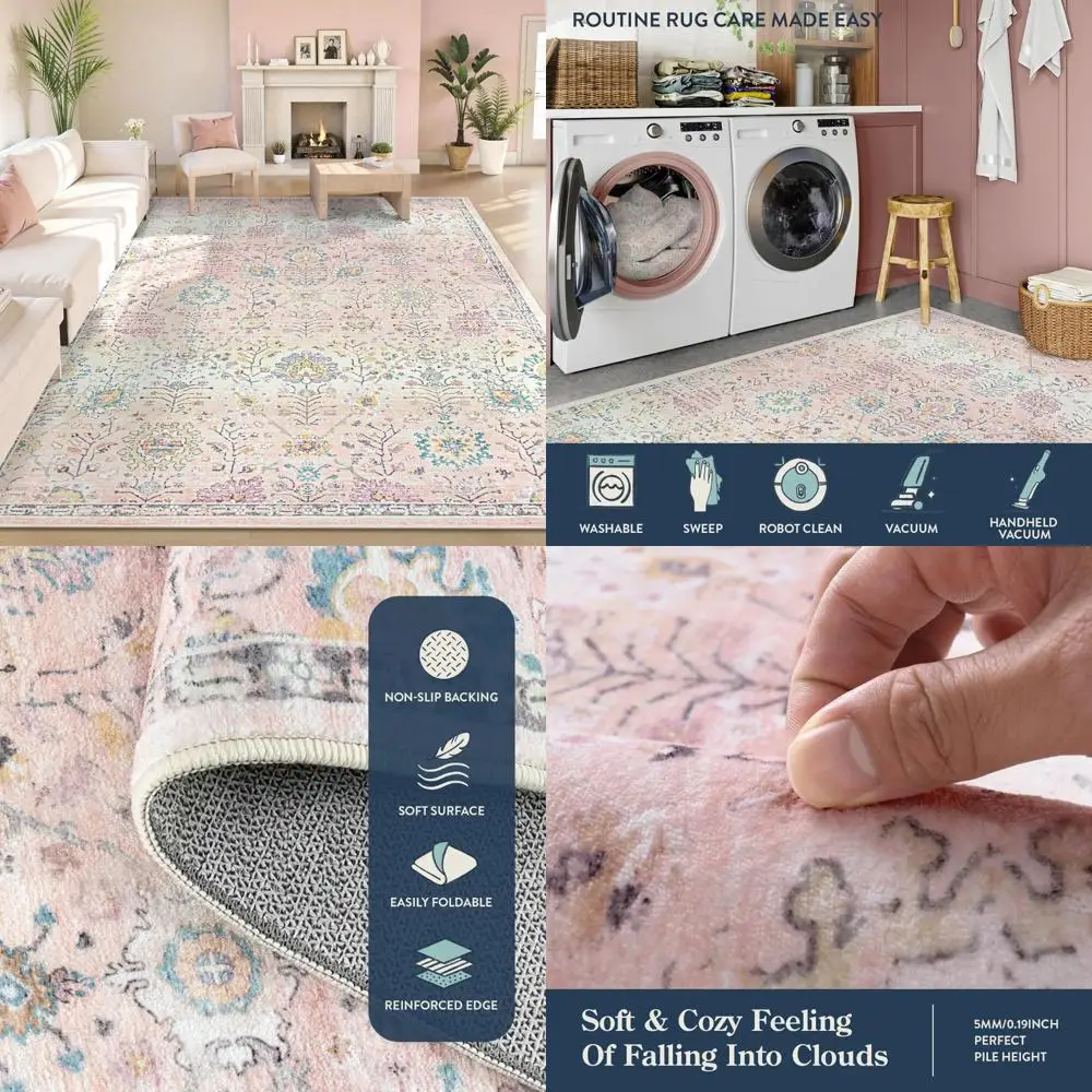 

Lahome Pink Bohemian Area Rug, 8x10 Washable Rugs for Bedroom and Living Room, Soft Blush Floral Non-Slip Pastel Thin Floor Carp