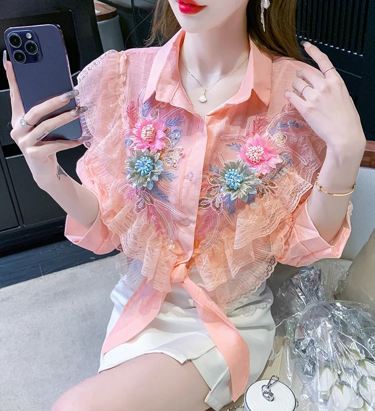 Chiffon Vintage Women Blouses Summer Appliques Women\'s Shirts Lace Patchwork Clothing Sales Loose Short Sleeve Ruffles Tops