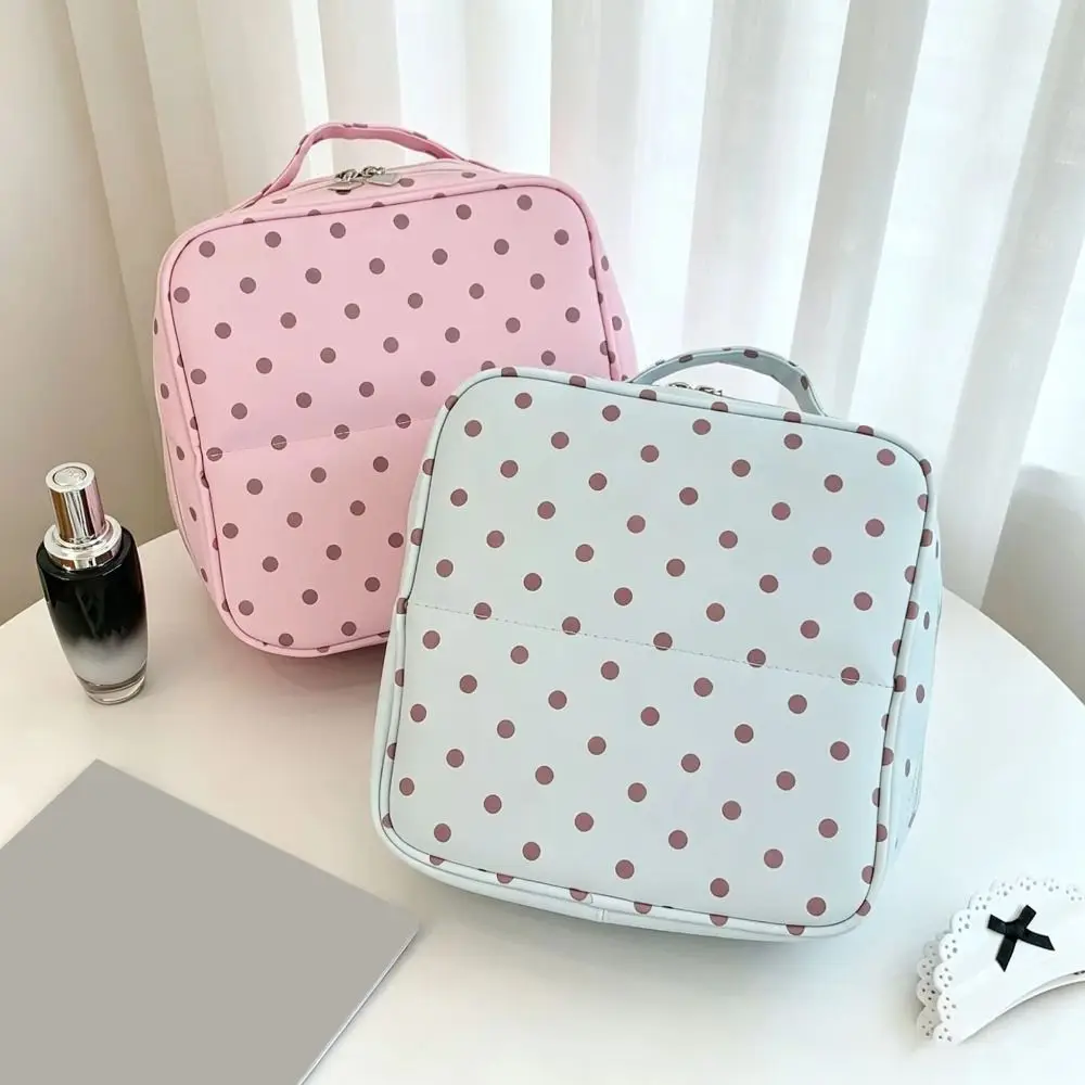 Polka Dot Handheld Makeup Bags Foldable Large Capacity Cosmetics Organizer Multi-Partition Portable Travel Wash Pack Travel Use