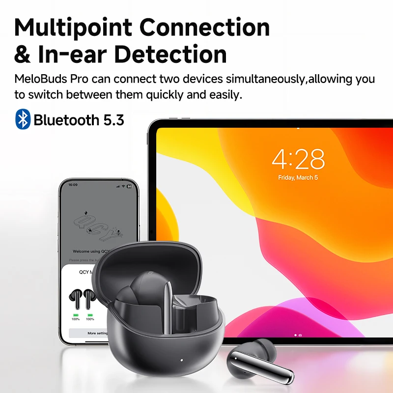 QCY MeloBuds Pro ANC Bluetooth 5.3 Fones de ouvido, ANC híbrido 46dB, Hi-Res, Earbuds LDAC, fones de ouvido 6 Mic, detecção intra-auricular 34H