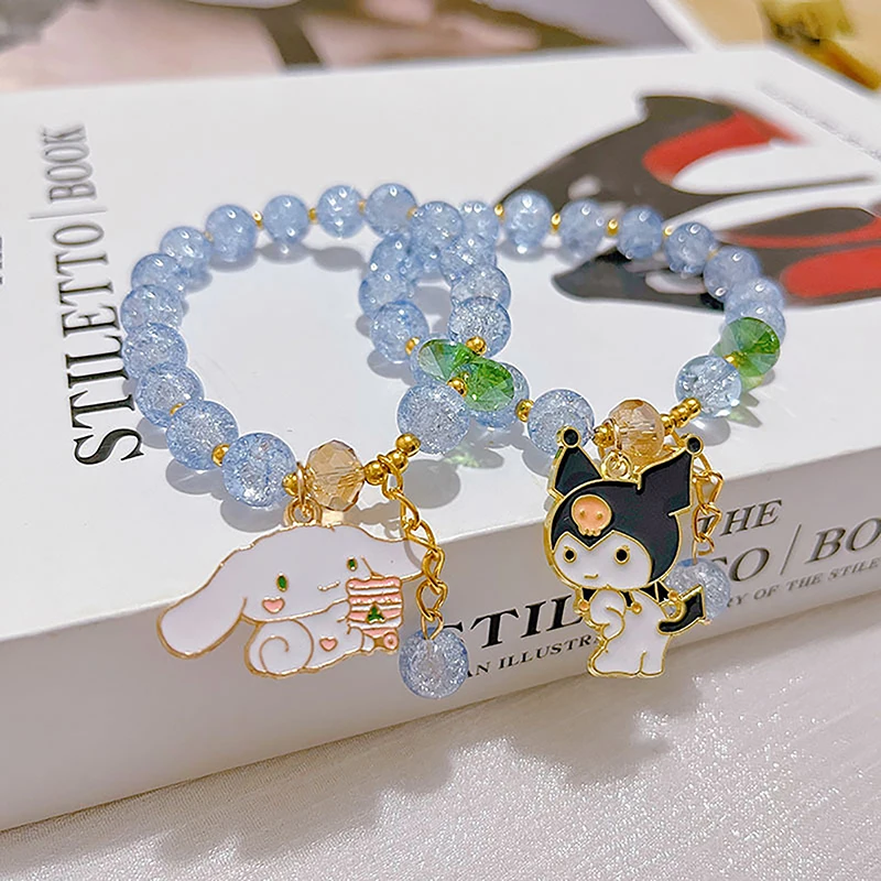 Sanrio Cute Cartoon Crystal Beaded Bracelet Kuromi Cinnamoroll Fresh Blue Bead Bracelet Sweet Girlfriend Gifts Toys For Girls